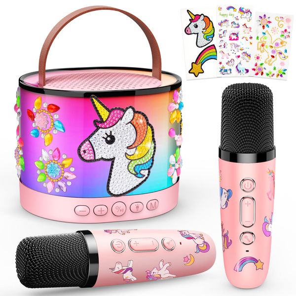 Unicorn DIY Karaoke Microphone Machine: Decorate Your Own Karaoke Machine Arts and Crafts for Kids Girls Ages 4-6-8-12 Christmas Birthday Gifts Toys LED Portable Bluetooth Speaker with 2 Wireless Mics