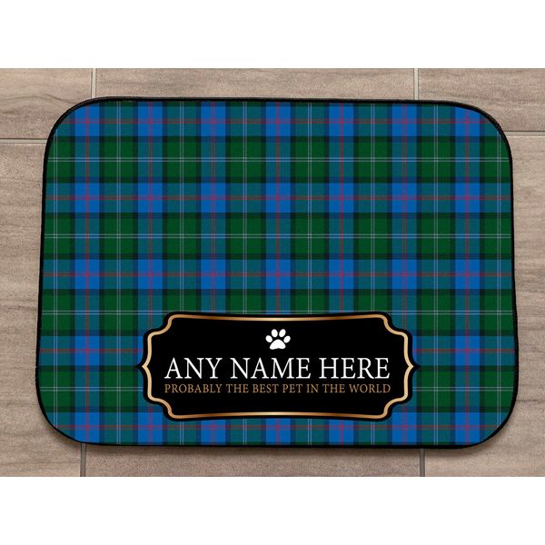 Personalised Pet Dog / Cat feeding mat Blue & Green Tartan Mat 44cm x 32cm