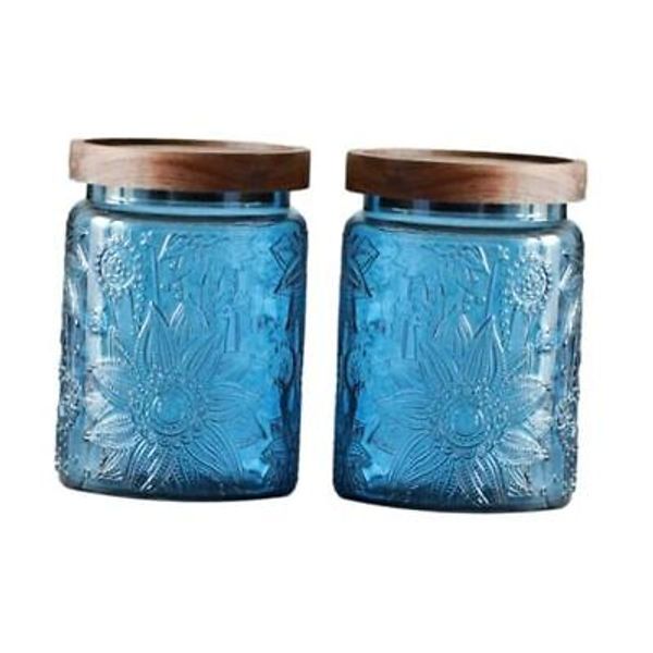 Set of 2 Vintage Glass Jars, Green Sunflower Glass Storage 2pcs-Blue Sunflower