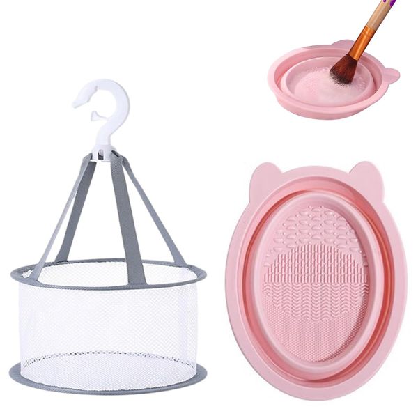 SensaBliss Makeup Brush Cleaning Set, Set of 2, Foldable Silica Gel Cleaning Brush + Hanging Drying Net, Cleaning Tool, Powder Puff Use, Portable, Convenient Capacity, Breathable, Quick Drying, For