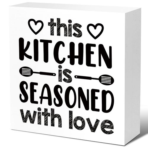 LVQHI Rustic This Kitchen is Seasoned With Love Sign, Funny Cookroom Wooden Block Sign, Country Kitchen Table Shelves Decor 5"L x 5"W x 1.1"H