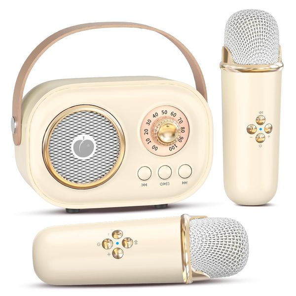 Mini Karaoke Machine for Kids Adults,Portable Bluetooth Speaker with 2 Wireless Microphones, Gifts Toys for Girls 3, 4, 5, 6, 7, 8+ Years Old Birthday Family Home Party Microphone Preamps-Beige