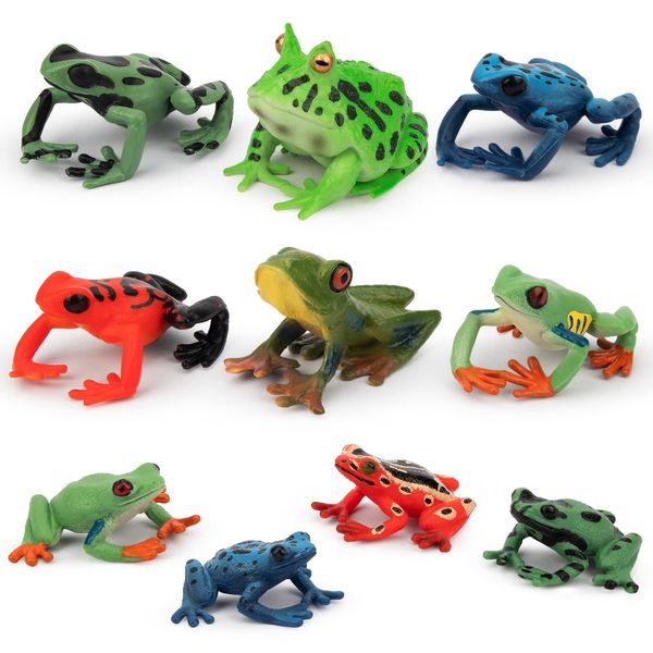 Toymany Frog Toy Figures, Plastic Rainforest Woodland Animals Toy Frogs Set with Realistic Poison Dart Frog, Cake Topper Party Favor Garden Flowerpot Plants Decor