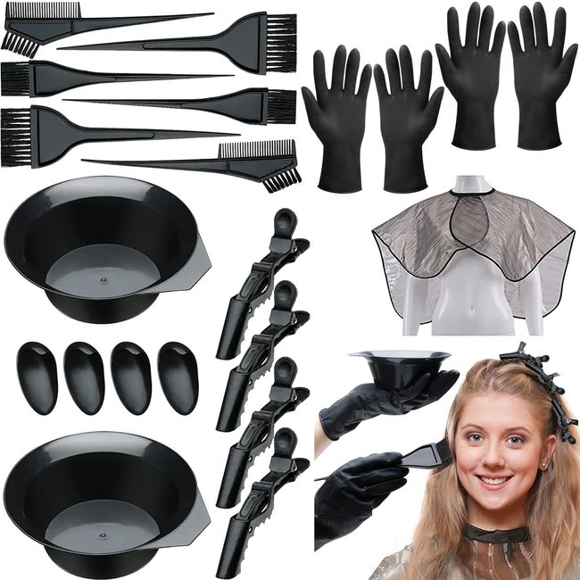 Kakveiai 21 Stück Färben Färbung Set, Haarfärbepinsel Haare Faerben Set, Haar Colorationen Zubehör Set, Färbepinsel/Ohrenschutz/Handschuhe/Farbmischer/Haarklammer, Wiederholbar