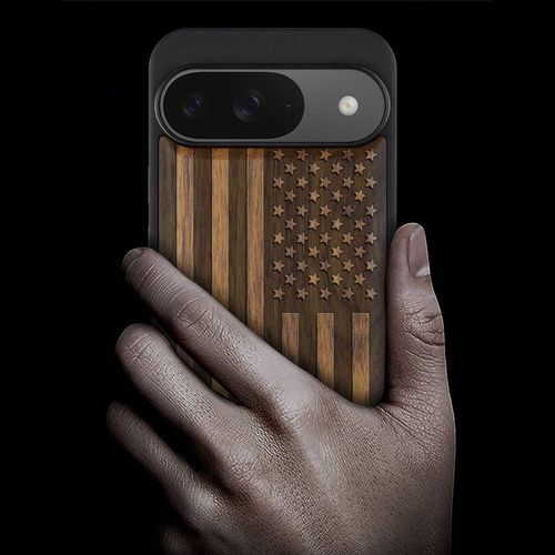 Carveit Magnetic Wooden Case for Google Pixel 9 Case, Wood Artisan Engraved & Soft TPU Shockproof Cover, Compatible with MagSafe Wireless Chargers (American Flag) Walnut