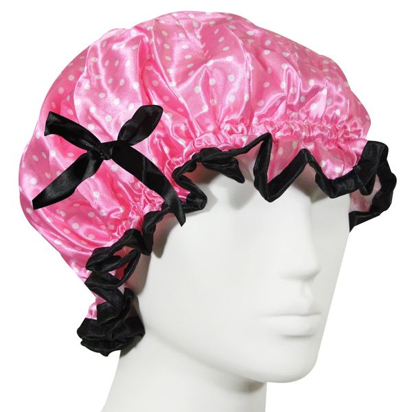 Kella Milla Stylish Satin Shower Cap - Sweet Pink Polka Dots & Bow