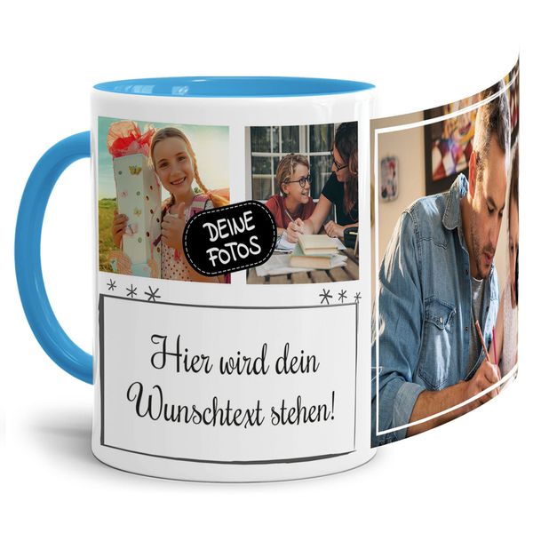 Foto-Tasse selbst gestalten mit Text & Collage für 3 Fotos - Geschenk für Familie, Freunde, Geburtstag, Weihnachten - Keramik Innen & Henkel Hellblau, 300 ml I Personalisiert
