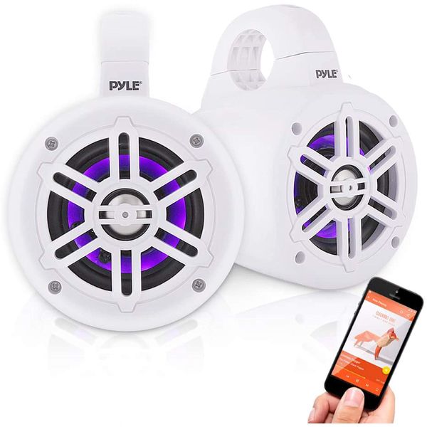 Pyle Waterproof Marine Wakeboard Tower Speakers - 4in Dual Subwoofer Speaker Set w/LED Lights & Bluetooth for Wireless Music Streaming - Boat Audio System w/Mounting Clamps PLMRLEWB47WB (White)