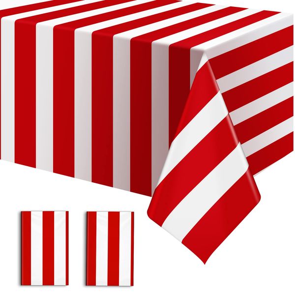 2 Pack Red and White Striped Tablecloth, 54 x 108 Inch Waterproof Disposable Plastic Table Cover, Rectangular Table Cloths for Birthday Christmas Carnival Circus Theme Party Decoration