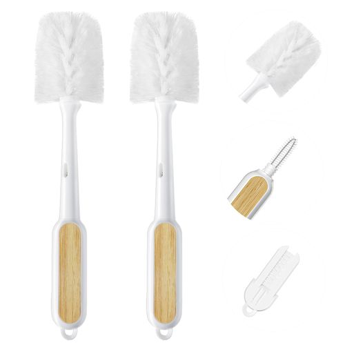SUBEKYU Water Bottle Brush Cleaner Set - 2 Pack 3 in 1 Long Bamboo Handle Cleaning Brush with Bottle Brush, Nipple & Bottle Mouth Scrubber Brush for Cleaning Baby Bottles, Cups, Mugs, Tumbler, Thermos