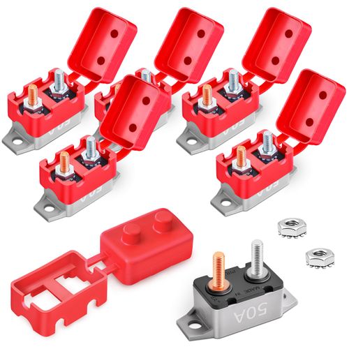 Bolipoeq 50Amp Automatic Reset Circuit Breaker 12V-24V DC for Automotive Marine Boat Car RV Trailer Solar System with Cover Stud Bolt, IP66 Waterproof (Pack of 6)