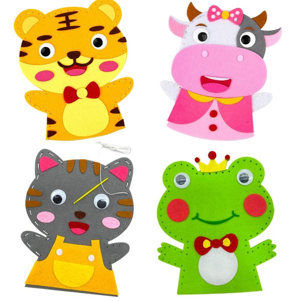 EQLEF Felt Sewing Kits for Children, 4PCS Hand Puppet Sewing Kits for Kids Animal Sewing Craft Kids Educational Sewing Craft for Beginner Boys and Girls