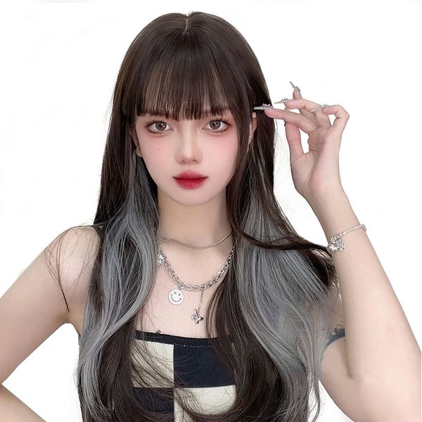 Wig, Long, Straight, Wig, Semi-Long, Black Hair, Inner Color, Cross-Dressing, Full Wig, Heat Resistant, Lolita, Cosplay, Wig, Natural, Wig, Gift Box Included (Black Brown & Inner Gray)