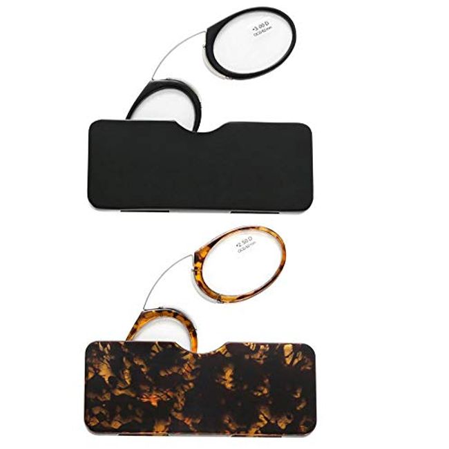  REAVEE 2 Pack Pinch Nose Clip on Reading Glasses Armless for  Men Women, No Temple Slim Compact Readers Ultra Thin with Mini Portable  Case, Black and Tortoise +2.0 : Health & Household