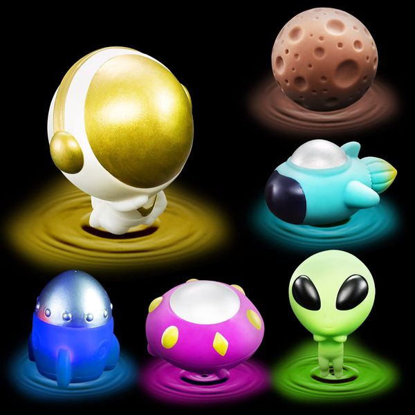 Bath Toys Light Up Floating Space Bath Tub Toy Set 6pcs Glowing Bath Toy Universe Theme Toy with Astronaut Rocket Ship Alien UFO Planet Model Educational Preschool Shower Pool Toys Gift for Kids