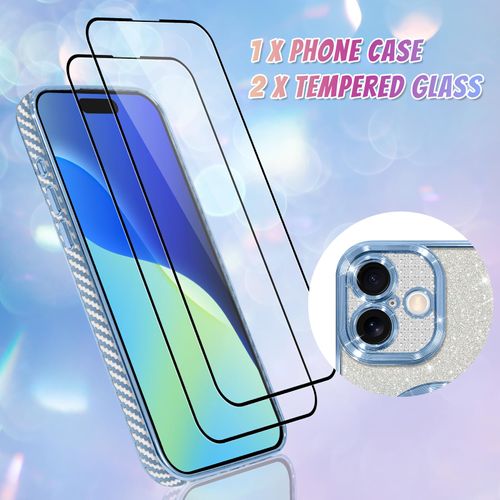 Bonoma Compatible with iPhone 16 Case Support for MagSafe, Plating Heart Glitter Magnetic 2* Screen Protector TPU Camera Protection Back Cover for Girls Women -Blue