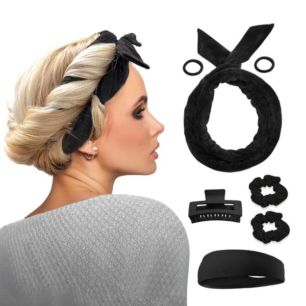 Heatless Hair Curler For Long Hair Curls - 61" Extra Long Heatless Curling Rod Headband, Velour No Heat Curling Ribbon Kit You Can Sleep In Soft Cotton Curling Ribbon Overnight For Women(Black)