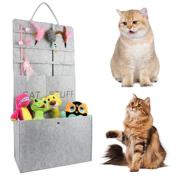 COSOWO Cat Toy Storage Box for Wand Toys, Durable Pet Storage Organizer with Handle for Cat Feather Toy Foldable Storage Hanging Bag for Keeping Teaser Wand Toys, Grey