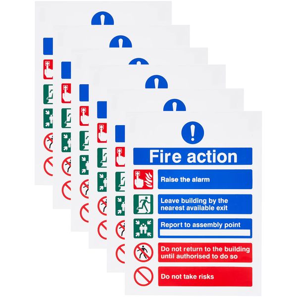 Pack of 6 Raise The Alarm Fire Action Notice Signs 150mm x 200mm - Self Adhesive