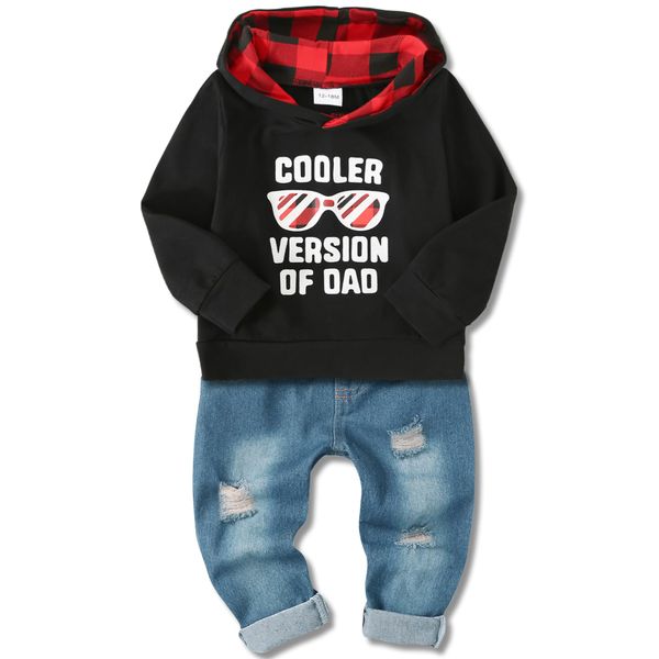 YALLET 3T 4T Toddler Baby Boy Clothes, 2pcs Black Fall Winter Outfit Sets Long Sleeve Letter Hoodies Top+Ripped Denim Pants