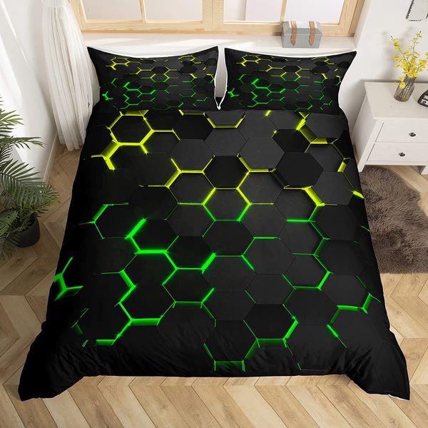 Honeycomb Bedding Duvet Cover Full Size,Geometry Hexagon Theme with Green Yellow Neon Lights Comforter Cover,Boys Teen Man Chic Creative Home Bedding Quilt Cover 3Pcs with 2 Pillowcases,Black