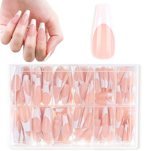 DMQ French Press on Nails Long, 360Pcs French Tip False Nails Kit, Nude White Fake Nails, Coffin French Nail Tips, 15 Sizes Full Cover Stick on Nails for Women Girls French Manicure