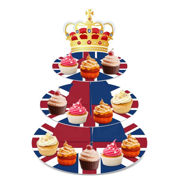 3 Tier Union Jack Flag Cupcake Stand Tower Party Decorations - Paper British Themed Cake Display Holder Dessert Tree Tower Serving Tray for His Majesty King's Birthday Candy Bar Tableware Decor