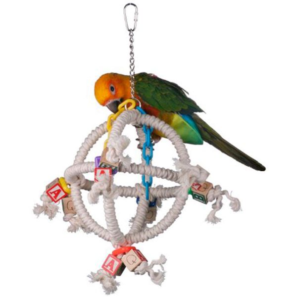 Super Bird Creations SB445 Orbiter Bird Toy for Parrots, Parrotlets, Parakeets, Cockatiels - Interactive Swinging Orb with Chewable Wooden Cubes and Plastic Chains - Small/Medium Birds - 14” x 10”