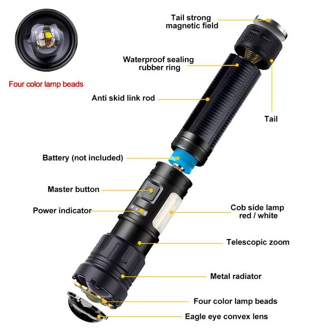 High Power LED Flashlights Camping Torch With 4 Lamp Beads And COB