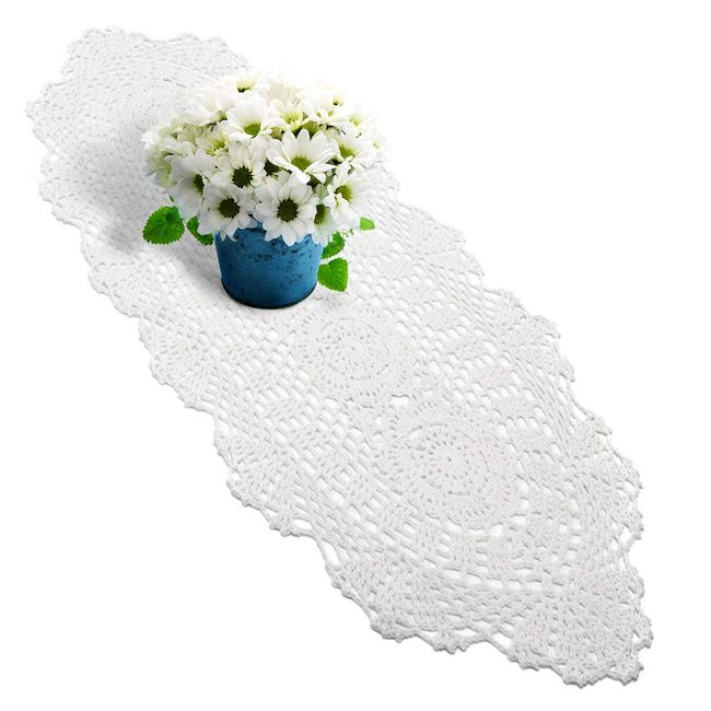 yazi Hand Woven Doily Fancy Lace Coaster Tablecloth Antique Table Runner Rustic Table Cover Vase Spread for Wedding Party Hostess Decor (White, 30*70cmS)