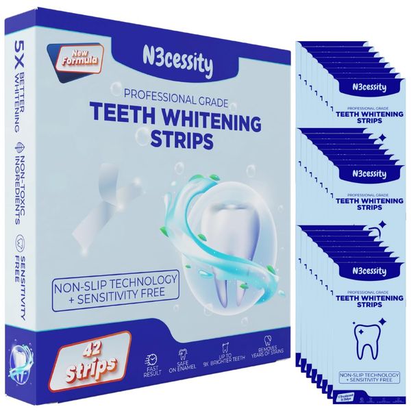 N3cessity Professional Teeth Whitening Strips 21 Treatments - Enamel Safe - Non-Sensitive Formula - 42 Peroxide-Free Whitening Strips - Teeth Whitening Kit + Mouth Opener Included