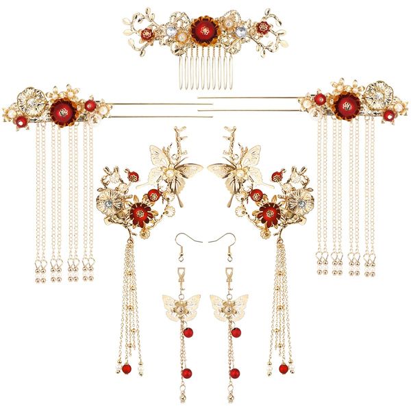 FERCAISH Butterfly Tassel Hair Clip Set, Classic Style Pearl Hair Clip Tassel Hairpin Comb Earrings Hair Accessories Set for Traditional Clothes Festive Wedding Cosplay