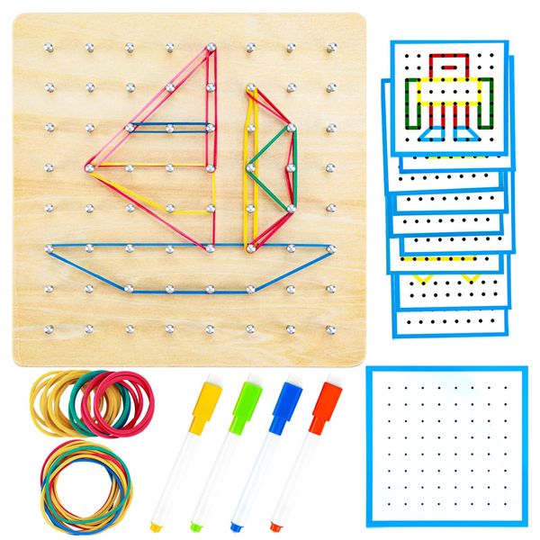 HEELWIRE Wooden Geoboard,Montessori Toy,Graphical Mathematical Education Toy for Kids with Pattern Cards and Rubber Bands to Figures and Shapes, Brain Teaser STEM Toy Geo Board.