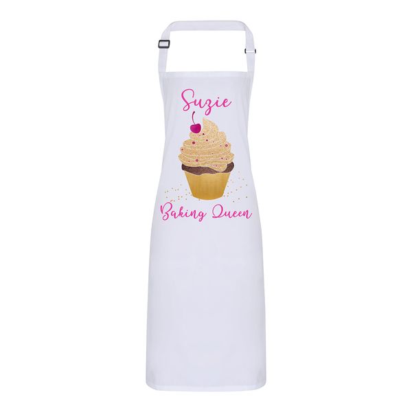 Personalised Apron - Cup Cake Baking Queen with Adjustable Neck Strap - Full Colour Print (White)