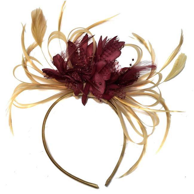 Champagne Gold Beige Camel and Burgundy Wine Red Fascinator on Headband Alice Band UK Wedding Ascot Races Derby