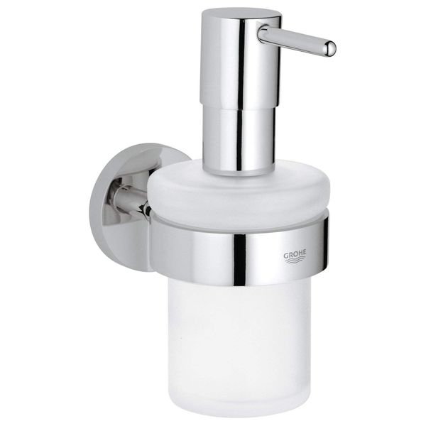 GROHE Essentials Holder with Soap Dispenser Set – (Material: Frosted Glass & Metal, Filling Quantity 160ml, Including Screws and Dowels, Durable Sparkling Sheen), Suitable for Gluing, Chrome, 40448001