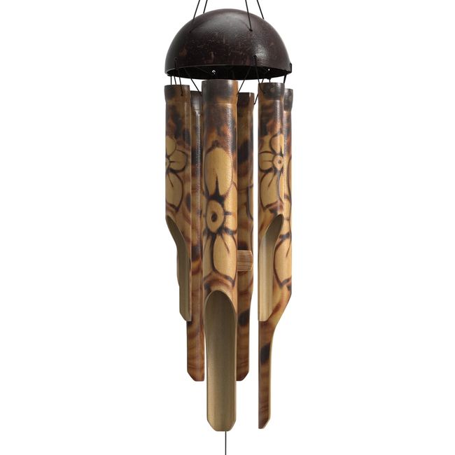 Nalulu Rustic Bamboo Wind Chimes - Outside Outdoor Wooden Windchimes, Small, Floral Burned Design with Coconut Crown, Handcrafted with Calming Deep Tones, Home Decor Ideal Gift for Him & Her