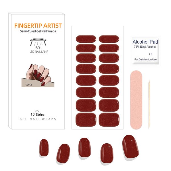 16Pcs Semi Cured Gel Nail Strips, Salon-Quality Glitter Self-Adhesive Gel Nail Polish Stickers, Solid Color Gel Nail Wraps French Manicure Kit with 2 Prep Pads, Nail File & Wooden Stick - Wine Red