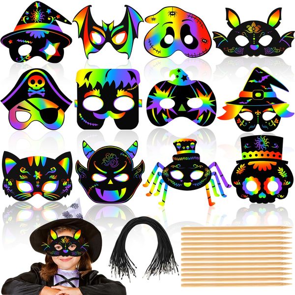 AUGSUN Halloween Basteln Kinder, 36 Stück Halloween Maske Kinder Halloween Regenbogen Kratzmasken Scratch Art Masken Halloween Kratzbilder für Halloween Partyspiele