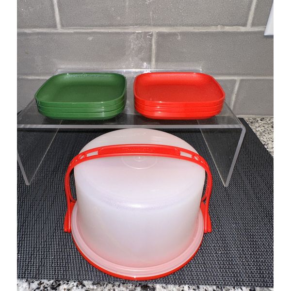 Vtg Tupperware Tupper Toys Mini Cake Carrier Taker ~ Plates Red Green Christmas