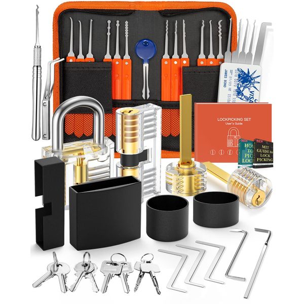 Eventronic 38+4 Lock Picking Kit, [Updated Version] 38-Piece Lock Pick Set with 4 Transparent Training Locks and Zip Case for Lockpicking, E-Guides for Beginner and Pro Locksmiths