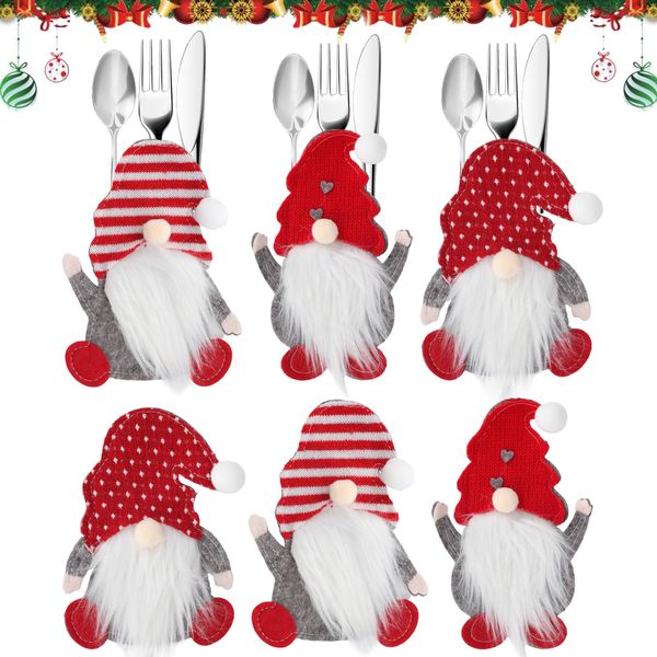 IHLOOTD Bestecktasche Weihnachten 6 Stück Besteckhalter Weihnachtsbestecktaschen Wichtel Tischdekoration Weihnachts Messer Gabel Löffel Tischdeko Filz Besteck Set