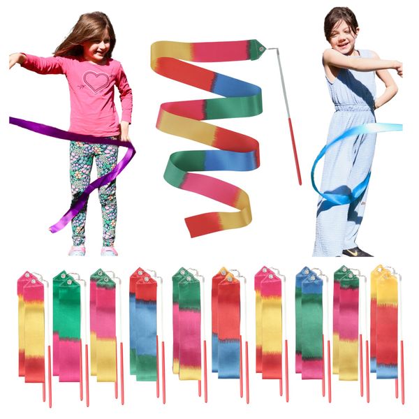 dervea Ribbon Dance Wands 20 Pack, Party Favors for Kids Goodie Bag Stuffers, Rainbow Birhtday Outdoor Party Games (multicolored ribbon with Red grip, 20pcs Set)