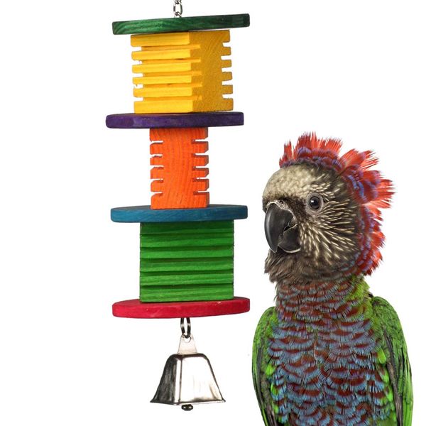 Super Bird Creations SB51122 Disco Fever Bird Toy - for African Greys Parrots Eclectus - Designed with Wooden Blocks & Bell - Stimulating and Interactive Bird Toy - Medium Bird Size, 14.5" x 4" x 4"