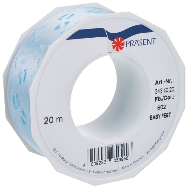 Präsent 1-Piece 40 mm - 20 m Baby Feet Double Face Satin Decor Ribbon, Light Blue