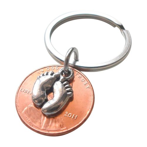JewelryEveryday Baby Feet Charm Layered Over 2011 Penny Keychain; Mother's Keychain, Father's Keychain