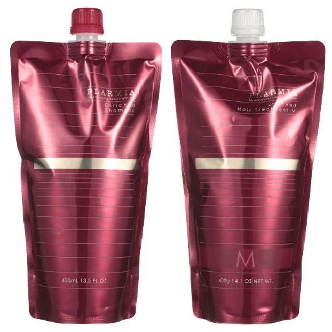 Milbon Plamia Enriched Shampoo 13.5 fl oz (400 ml) + Treatment F, 14.1 oz (400 g), Refill Set