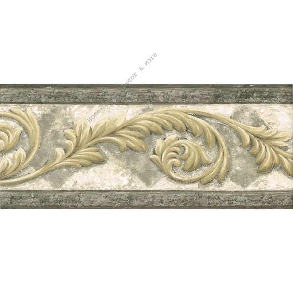 Architectural Beige Acanthus Leaf Scroll Gray Diamond Silver Wallpaper Border