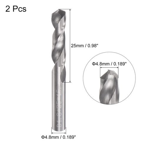 sourcing map Solid Carbide Drill Bits, 4.8mm C2/K20 Tungsten Carbide Jobber Drill Bits Straight Shank Drilling Tool for Stainless Steel Aluminum Iron Metal Plastic 2pcs