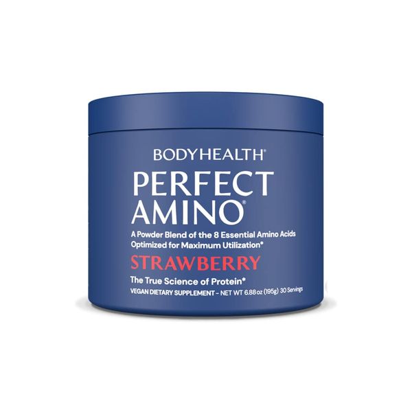 BodyHealth PerfectAmino Powder Strawberry (30 Servings) Best Pre/Post Workout Recovery Drink, 8 Essential Amino Acids Energy Supplement with 50% BCAAs, 100% Organic, 99% Utilization